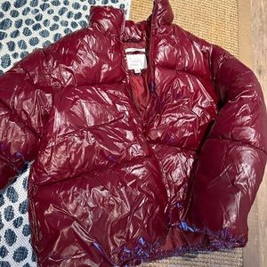 Red puffer coat - so cute! Shiny pleather like fabric